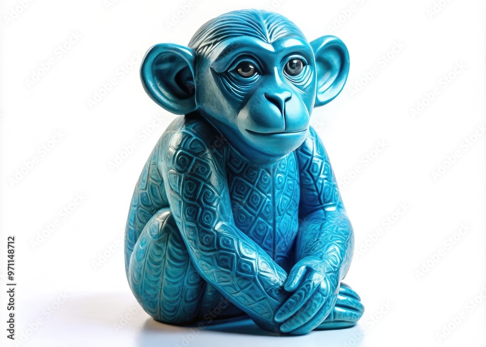 Wall mural vibrant blue ceramic monkey statue with intricate details, serene facial expression, and subtle text