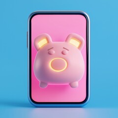Naklejka premium Cute 3D pink piggy face on smartphone screen, vibrant colors, modern digital art. Blue background.