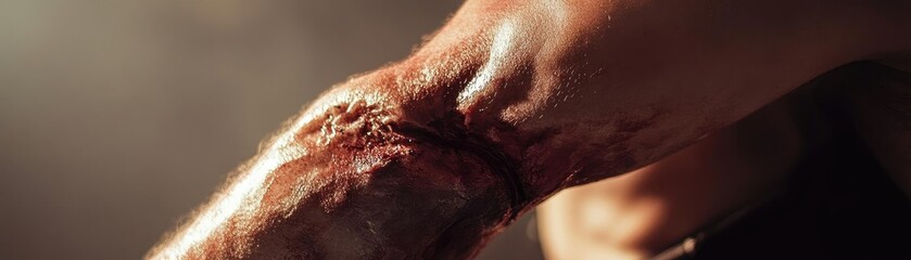 Close-up of a wounded arm, showcasing raw skin and texture under soft, diffused lighting. Ideal for medical or dramatic themes.