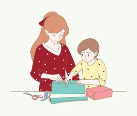 Happy little kid helping mother, wrapping gifts, packing holiday presents with sticker tape, wrapping paper. Preparing for Christmas eve, new year Hand drawn flat cartoon character vector illustration
