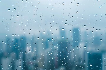 raindrops on a window pane, with the blurred cityscape 