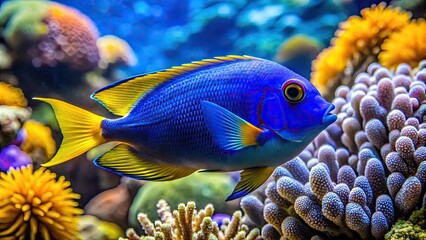 Vibrant blue fish with yellow fins swims amidst coral reef, searching for friend, its curiosity and innocence radiating from its big, bright, inquiring eyes.