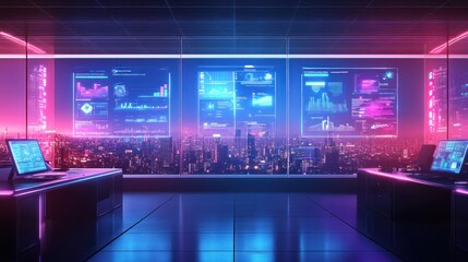 Futuristic control room with cityscape view and data displays.