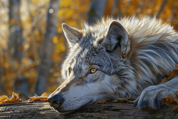 Obraz premium A wolf in repose, its neutral expression and yellow eyes reflecting the forest's serenity