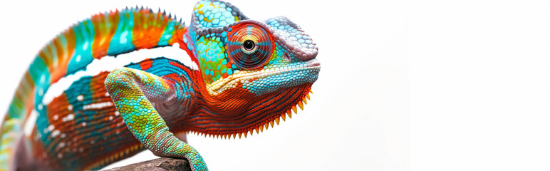 Close-up of a colorful chameleon on a white background. Stylish banner