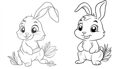 Obraz premium A black and white cartoon illustration of two bunnies.