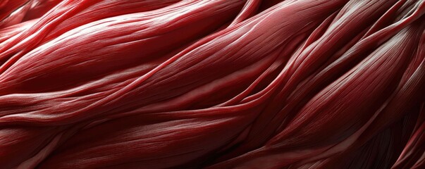 Close-up view of red muscle fibers showcasing their texture and structure, perfect for fitness and anatomy related projects.