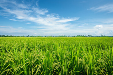 Obraz premium A field of green rice plants with a clear blue sky in the background