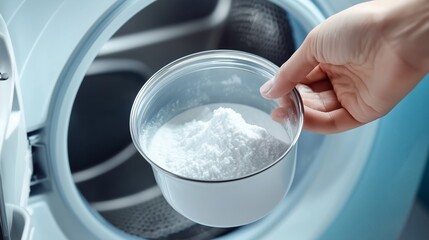 Adding laundry detergent to a modern washing machine during a household chore in a bright laundry room