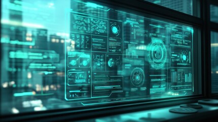Obraz premium Futuristic interface displaying data and analytics in a high-tech environment.