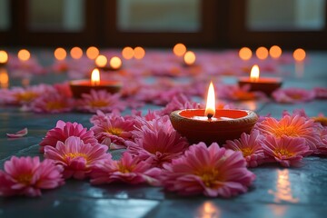 A cluster of lit candles with pink flower petals scattered on a tiled floor.