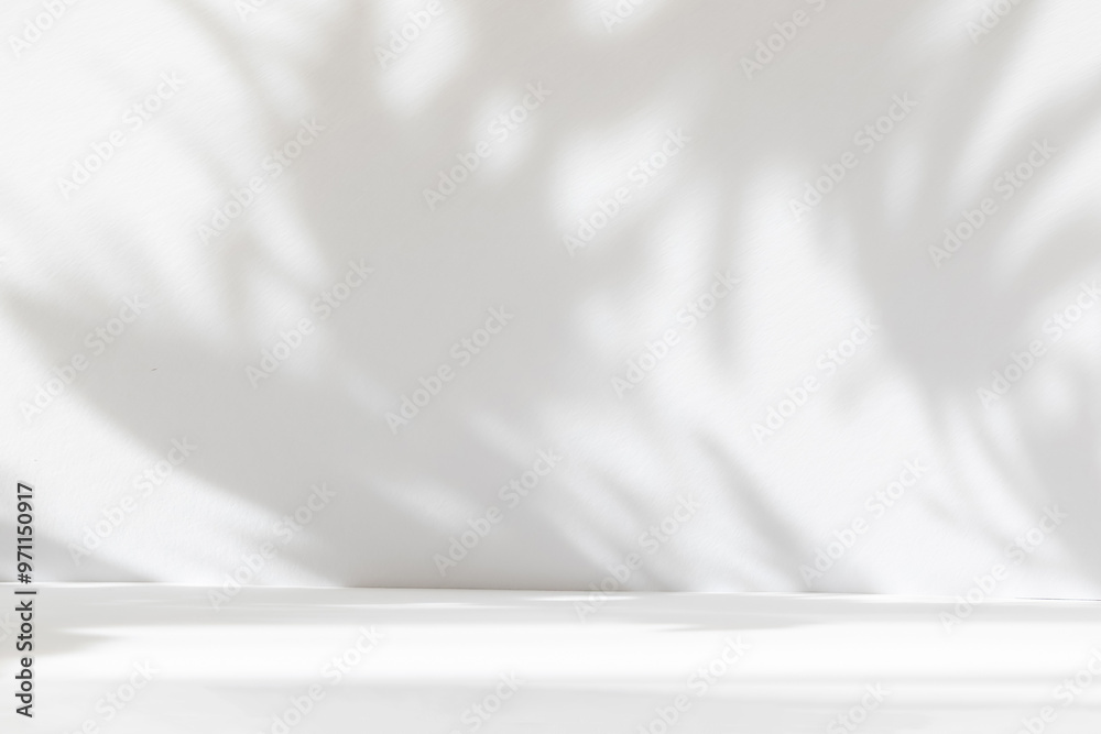 Poster Abstract white color studio background for product presentation. Empty room with shadows of window and flowers and plant leaves . 3d room with copy space. Summer concert. Blurred backdrop.