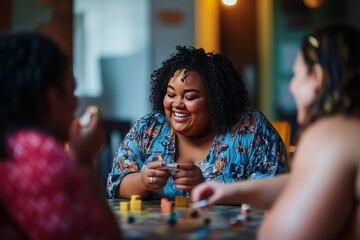 Fototapeta premium Group of plus-size friends enjoying a game night, interactive fun. A group of women sit around a table playing a board game