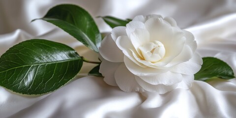 A delicate white flower resting on silky fabric, showcasing elegance and beauty.