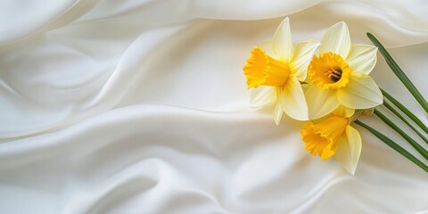 Obraz premium A serene arrangement of daffodils on soft white fabric, evoking freshness and beauty.