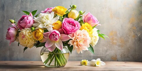 Vibrant bouquet of freshly picked pink peonies, yellow roses, and white lilies arranged elegantly in a delicate vase against a soft, creamy background.