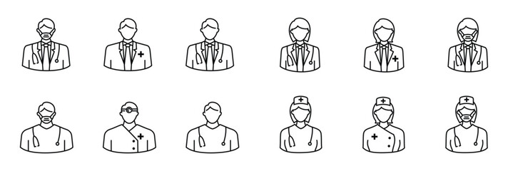Obraz premium doctor icon set, outline style, health workers and nurses, editable vector eps 10. Submitted 20 hours ago