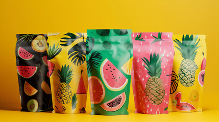 Colorful fruit-themed snack packaging with vibrant designs on a isolated yellow background