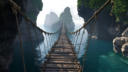 Fototapeta premium Multiple rickety rope bridges between a large long gorge on an island. Generative AI illustration 