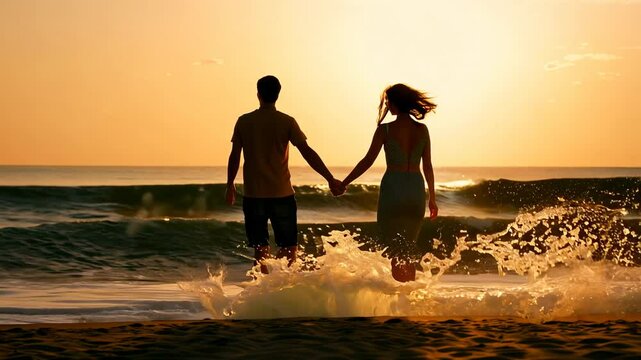 Silhouette of a young couple in love walking on the ocean shore. Backlit by the setting sun, the couple's shadows dance across the sand, their embrace a testament to the beauty of connection.