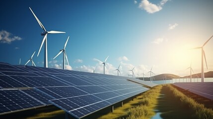 A field of solar panels and wind turbines generate renewable energy against a blue sky and a setting sun.