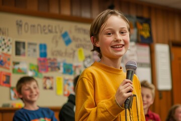 A young boy is holding a microphone and smiling