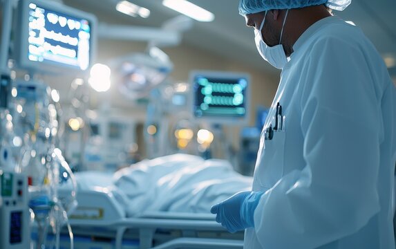 Doctor overseeing recovery machines monitoring a patient postintervention in a clean, bright room, Intervention, Recovery