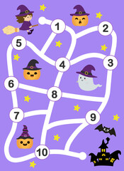 Halloween maze game for kids with cute illustration. Help the witch find the way to her haunted house. Kids labyrinth puzzle.