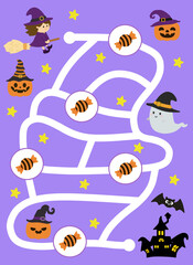 Halloween maze game for kids with cute illustration. Help the witch find the way to her haunted house. Kids labyrinth puzzle.