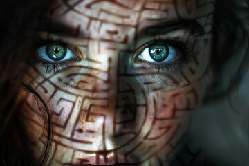 A woman's face is covered in a maze of lines and shapes