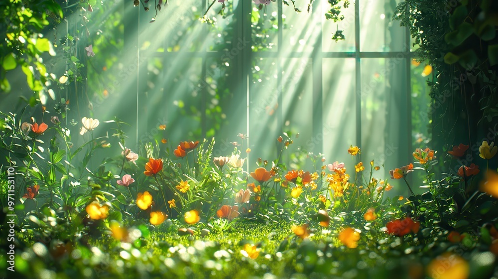 Wall mural sunbeams through flowers.