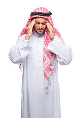 Young handsome man wearing keffiyeh over isolated background with hand on head for pain in head because stress. Suffering migraine.