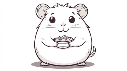 Fototapeta premium A black and white cartoon illustration of a cute hamster holding a bowl of food.