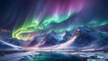 Fototapeta premium Northern Lights Over Snowy Mountains