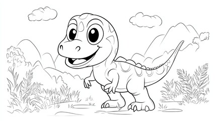 A black and white drawing of a cute cartoon dinosaur.