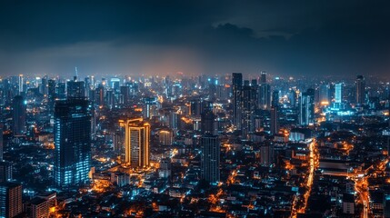 A breathtaking aerial view of a densely populated city at night, illuminated by street lights and the glow of skyscrapers.