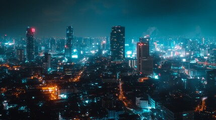 A high-angle view of a city at night, with skyscrapers lit up in the distance and a dense cityscape below.
