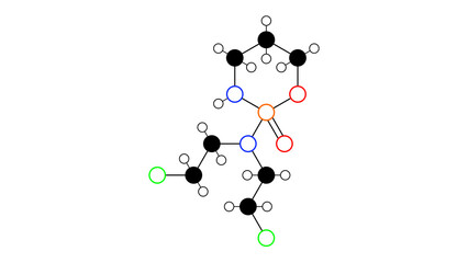 cyclophosphamide molecule, structural chemical formula, ball-and-stick model, isolated image antineoplastic agents