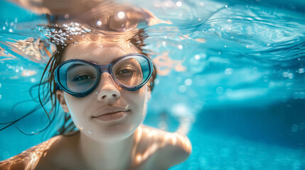 Naklejka premium Female Swimmer at the Swimming Pool: Underwater photo.