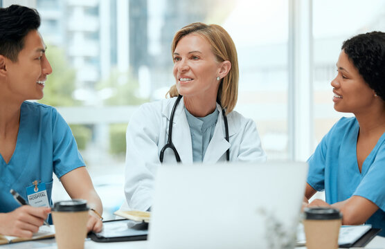 People, doctor and smile with medical students on laptop in boardroom for internship program and workshop. Healthcare, mentor and happy on meeting or conversation for training and career growth