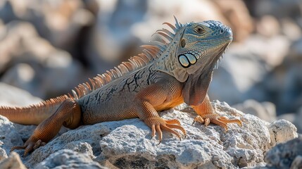 Vibrant iguana sunbathing on sunlit rocks, its textured skin blending with the rough stone surface beneath it