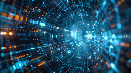 Obraz premium A computer generated image of a tunnel with a blue and orange glow