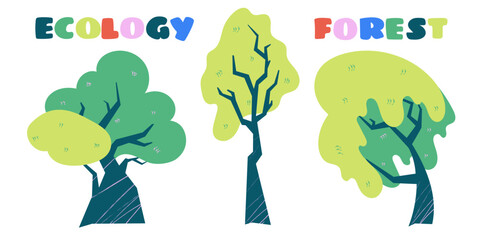 Set of green Trees on the theme of Ecology and forest conservation
