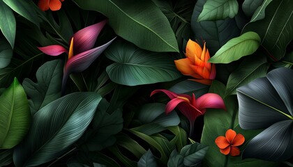 A botanical illustration featuring exotic flowers and leaves in a dense, jungle-like setting, capturing the essence of tropical nature