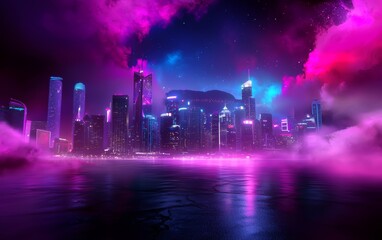 A digital artwork using chrome effects to depict a futuristic city skyline under a neon-lit sky