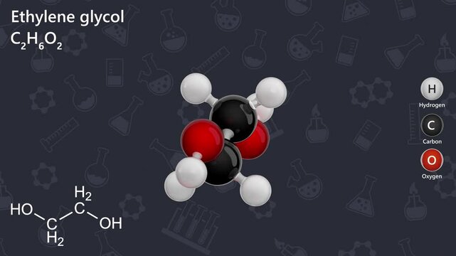 Ethylene glycol molecule C2H6O2. 3D structure with a colored code. It is a synthetic liquid substance that absorbs water. it is used to make antifreeze and de-icing solutions for cars, airplanes