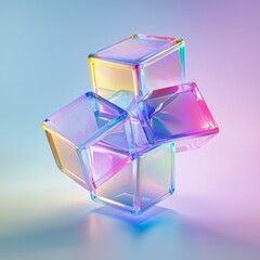 A futuristic composition with translucent, iridescent 3D cubes stacked and interlocking in mid-air