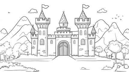 Fototapeta premium A black and white drawing of a fairytale castle in a landscape with mountains and trees.