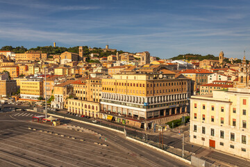 View of the port and city of Anocna in sunny spring day. Historical buildings and beautifull views.