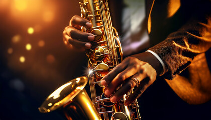 Obraz premium Extreme close-up of the expert hands of a saxophonist as he plays a beautiful golden saxophone on a dark background. Concept of brass instrument or wind instrument. Generative Ai.